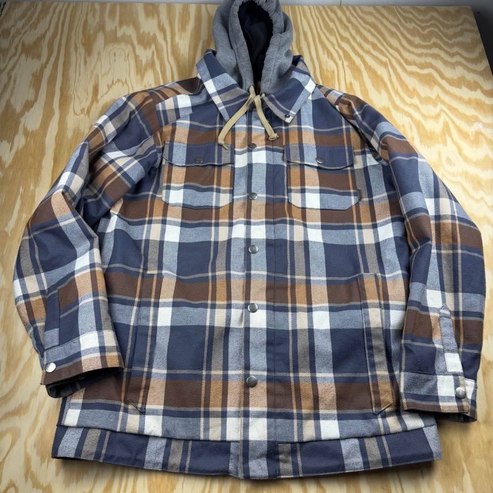 Burton Snowboards Mens Large Plaid Hooded Insulated Flannel Jacket Powder Skirt